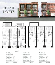 the floor plan for an apartment building with three floors and two levels, in different colors