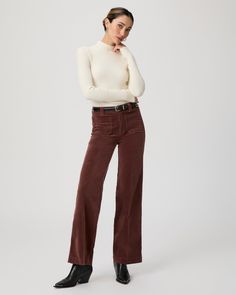 Sasha is our high-rise wide leg with a fitted top block and a slightly relaxed fit. Crafted from our luxuriously soft corduroy fabric in a dark brown shade, this pair features patch pockets and a 32” inseam that pairs perfectly with flats and also works well for petite customers looking to style it with a heel. Our elevated micro-corduroy is made with the perfect amount of stretch for the most comfortable fit from morning to moonlight. | Sasha 32 Inch Wide Leg Pant - Landslide Corduroy | Size 23 Brown Shade, Men Store, Brown Shades, Corduroy Fabric, Fitted Top, Denim Shoes, Wide Leg Pant, Bottom Clothes, Corduroy Pants