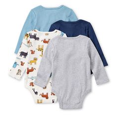 Give his wardrobe with versatile layering options, or pair everything from jeans to sweatpants with Okie Dokie's 4-piece baby boy bodysuit set. They are made from soft ribbed cotton with a crew neckline, lap shoulders, long sleeves, and snap-bottom closures.# Pieces In Set: 4Features: Multi-PackClosure Type: SnapNeckline: Crew NeckSleeve Length: Long SleeveFiber Content: 100% CottonFabric Description: RibCare: Machine Wash, Tumble DryCountry of Origin: Imported Casual Cotton Bodysuit For Playtime, Casual Cotton Bodysuit For Playwear, Casual Blue Cotton Bodysuit, Blue Cotton Bodysuit For Loungewear, Blue Cotton Long Sleeve Bodysuit, Blue Long Sleeve Cotton Bodysuit, Blue Long Sleeve Onesie With Cartoon Print, Fitted Long Sleeve Cartoon Print Onesie, Long Sleeve Cotton Onesie With Character Print