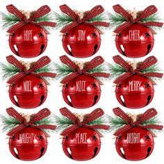 twelve red christmas baubles with bows and saying noel, noel, merry written on them