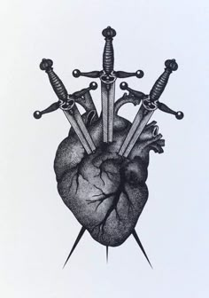 a heart with two swords sticking out of it's center and surrounded by three knives