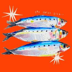 three fish are shown on an orange background