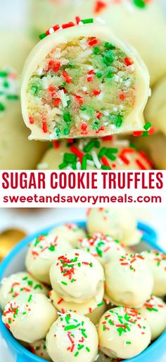 sugar cookie truffles with sprinkles in a blue bowl