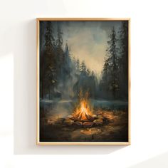 a painting of a campfire in the middle of a forest on a white wall