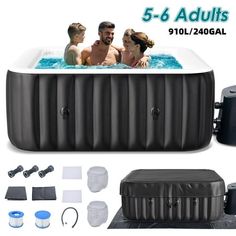 an inflatable hot tub with 5 adults and accessories