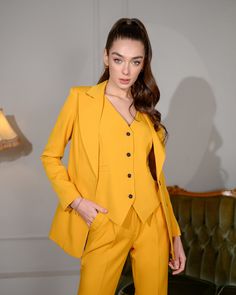 Fabric: Suit crepe diagonal Cotton 65%, Polyester 35% Blazer length is 27,1 inches or 69cm Sleeve length: 62cm/ 24,4in Vest length: 47cm/ 18,5in Pants outer seam length: 100 cm/ 39,3in Mustard Yellow Blazer Outfit, Mustard Office, Blazer Outfit Women, Yellow Blazer Outfit, Office Wear For Women, Mustard Blazer, Suit 3 Piece, Blazer Outfits For Women, Boutique Pants