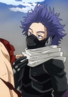 two anime characters one with purple hair and the other wearing a black mask, standing next to each other