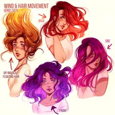 four different colored hair styles with the words wind and hair movement on them, including one woman's head