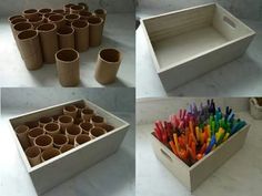 four pictures of different types of colored pencils in a box and on the floor