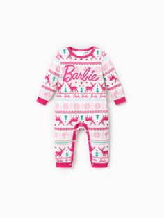 "Long sleeves
* Soft and Comfortable 
* Flame Resistant
* Includes: 1top+1 pant
* Material: 96% polyester 4% spandex
* Machine wash, tumble dry
* Imported
* Officially Licensed Mattel Barbie Merchandise Barbie Merchandise, Matching Christmas Sweaters, Comfy Jumpsuits, Christmas Barbie, Deer Pattern, Kimono Pattern, Baby Jumpsuit, Matching Pajamas, Mattel Barbie