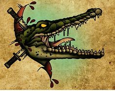 a drawing of a crocodile with its mouth open and teeth out, dripping blood on it's face