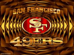 the san francisco 49ers logo is shown in gold and red