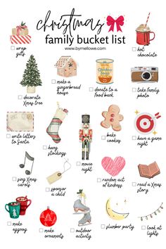 the christmas family bucket list is shown with pictures and words to help you plan for this holiday