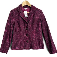 Women's Business Suit Jacket / Blazer. Lace. Plum-Purple Color (Warm Purple) Lace. 63% Cotton 37 Nylon. Lined. Lining - 100% Polyester. Long Sleeves. Button Front. New With Tag (Nwt) On Tag: Original Price $138 / $96. Size 6. Shoulders 16 Inches, Around Bust - 39 Inches, Bottom - Around 40 Inches Approx., Vertical Length Shoulder-To-Bottom 23 Inches, Sleeve Length 24 Inches. Purple Formal Outerwear For Spring, Formal Purple Outerwear For Spring, Womens Business Suit, Warm Purple, Purple Lace, Plum Purple, Business Suit, Jacket Blazer, Business Women