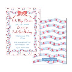 Red White Two Invitation, Oh My Stars Invite, Flag and Bow Invite, Floral Invite, Grandmillenial, Watercolor, Wavy Edge, Red White and Blue, Patriotic Invite Fourth Of July Birthday Party Ideas, Red White And Blue First Birthday, July 1st Birthday Party Ideas, Labor Day Birthday Party, Fourth Of July Birthday Party, Fourth Of July First Birthday, July Baby Birthday, Patriotic Birthday Party, Red White And Two Birthday