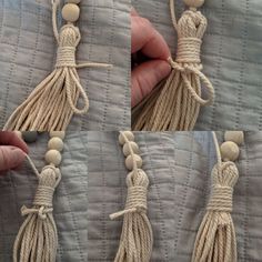 four pictures of different tassels being used to make necklaces with wood beads