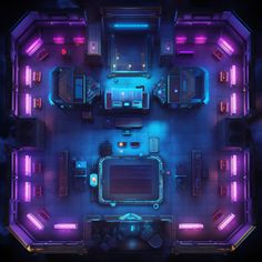 an overhead view of a room with purple lights