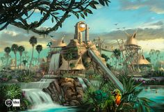 an artist's rendering of a tropical theme park with waterfall and roller coasters