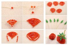 beaded strawberrys and leaves are shown in different stages of being sewn together