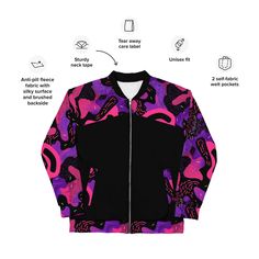 Shipping from Latvia, United States. 𝗔𝗕𝗢𝗨𝗧 Add a little zing to your wardrobe with this vibrant All-Over Print Bomber Jacket. Wear it on a basic t-shirt, or layer it on top of a warm hoodie--it'll look great either way. With a brushed fleece inside, and a relaxed unisex fit, this Bomber Jacket is just the stuff of the dreams, so be quick to grab yourself one! ⭐️ 𝗗𝗘𝗧𝗔𝗜𝗟𝗦 ⭐️ * 100% polyester * Fabric weight: 6.49 oz/yd² (220 g/m weight may vary by 5% * Brushed fleece fabric inside * Un Casual Pink Outerwear With Graphic Print, Sporty Fitted Outerwear With Graphic Print, Pink Cotton Urban Outerwear, Urban Style Pink Cotton Outerwear, Purple Cotton Outerwear For Streetwear, Trendy Pink Track Jacket For Streetwear, Casual Pink Cotton Track Jacket, Fitted Cotton Track Jacket For Streetwear, Purple Relaxed Fit Cotton Outerwear