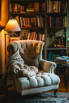 a chair with a blanket draped over it in front of a bookcase