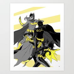 batman and batgirl are standing next to each other in front of the sun with their capes up