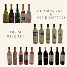 there are many different bottles of wine in this picture and the words champagne & wine bottles from riekusi3