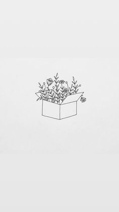 a black and white drawing of flowers in a box