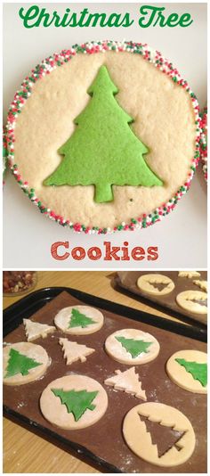 christmas tree cookies are shown in two different pictures and one is decorated with icing