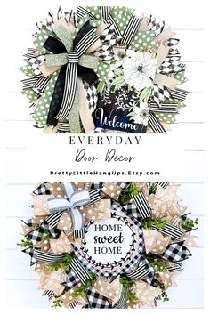 Add charm to your entryway with these handmade everyday wreaths, perfect for year-round display! Each wreath is crafted with quality deco mesh, unique patterns, and vibrant bows, making a beautiful statement for any home. Featuring designs like “Welcome” and “Home Sweet Home,” these wreaths from PrettyLittleHangUps.Etsy.com bring warmth and personality to your front door. Ideal for creating an inviting atmosphere for guests! Home Wreaths, Welcome Wreaths, Southern Style Home, Southern Porches, Summer Porch Decor, Everyday Wreaths, Sunflower Wall Art, Beach Wreath, Patriotic Wreath