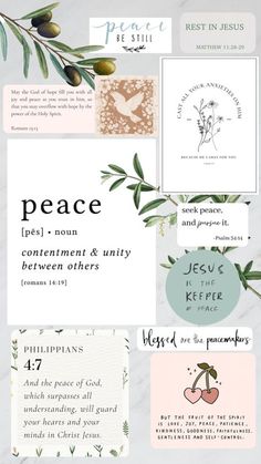 the words and symbols for peace are shown in this graphic style, including olives