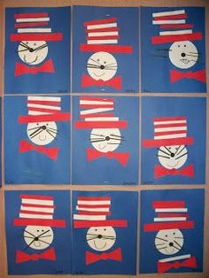 several pictures of cat in the hat made out of blue paper with red and white stripes