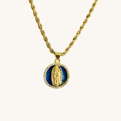 Our Blue Virgin Mary Necklace sits on an elegant rope chain that's waterproof for your lifestyle. Its dark blue pendant give it that flare it needs. The Virgin Mary symbol is commonly worn for protection. ✔Hypoallergenic ✔Quality Guaranteed ✔Waterproof ✔Handmade MATERIAL: Stainless steel dipped in real 18k gold, cubic zirconia COLOR: gold, dark blue SIZE: 18 inches unless otherwise requested Adjustable Blue Medallion Necklace, Blue Medallion Jewelry With Adjustable Chain, Mary Symbol, Blue Virgin Mary, Mary Necklace, Virgin Mary Necklace, The Virgin Mary, Blue Pendant, Rope Chain