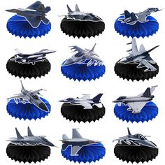 six models of fighter jets are shown in blue and black