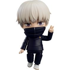 an action figure with white hair wearing a black outfit