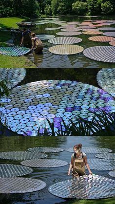 people are sitting in the water surrounded by large, circular tiles that look like flowers