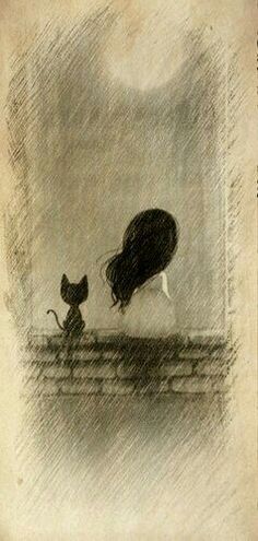 a drawing of a cat and a mouse on a ledge