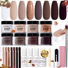 PRICES MAY VARY. 🎁【Upgraded 30Pcs Starter Kit】AZUREBEAUTY 30 Pcs fall brown nude set dip nails powder starter kit: 8*10g (0.33oz) color powder, 4*10ml dip powder liquid set(base coat/activator/top coat/matte top coat), 2*liquid brush replacement, 1*nail brush,1*nail file, 1*nail polishing block, 1*dip powder recycling tray. What's more, 10*nail sticks and 2*orange wood stickers are added in the kit for color testing as well as ease of use. 🌎【Unlock 2 Nail Effect】New innovations in dip nail kit Halloween Manicure, Autumn Nail, Nail Effects, Nail Remover, Led Nail Lamp