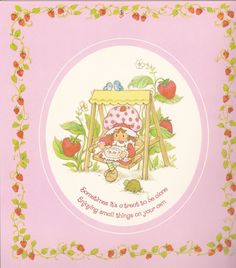 a card with a teddy bear sitting on a chair in front of strawberries and strawberrys