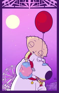 a cartoon bear holding onto a balloon in front of a ferris wheel with the moon behind it