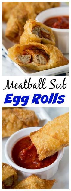 egg rolls with meatballs and tomato sauce on them are shown in three different pictures