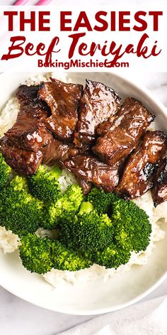 beef teriyaki with broccoli and rice on a white plate text reads, the easier beef teriyaki