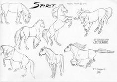 some drawings of horses that are standing in the same direction and facing different directions,