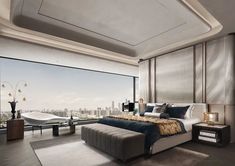 a bedroom with a large window overlooking the city