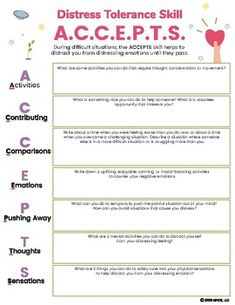 ACCEPTS 1-page printable DBT worksheet. This distress tolerance worksheet helps students apply distraction skills to support them in managing distressing emotions until they pass. This worksheet is a nice supplement to my ACCEPTS handout.8.5"x11" digital download printable and fillable PDFWant more resources like this? Check out my full catalog of DBT worksheets and handouts here.Related Products:DBT Coping Skills BundleThank You! I really appreciate your interest in this product! I love to design and create new things to support the emotional and behavioral health of kids and teens! It would  mean so much to me if you left a kind review and rating after purchasing a product (or freebie!) Feel free to contact me with any questions! Follow Me to get updates on new products coming soon! I am Dbt Mindfulness Activities, Dbt Skills Worksheets Free Printable, Distress Tolerance Activities, Coping Skills Activity, Dbt Worksheet, Wellness Worksheets, Dbt Activities, Dbt Skills Worksheets, Distress Tolerance Worksheets