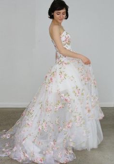 Floral Organza Hi Low Wedding Dress by Weekend Wedding Dress Wedding Dress With White Flowers On It, Luxury Floral Print Strapless Wedding Dress, Different Color Wedding Dresses Sposadresses, Luxury Floral Print Embroidered Wedding Dress, Wedding Dresses Floral Print, Luxury Floral Embroidered Wedding Dress For Ceremony, Floral Wedding Dress Couture Candy, Luxury Semi-stitched Organza Wedding Dress, Organza Wedding Dress Floral