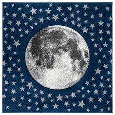 an image of the moon and stars on a blue background with white border around it