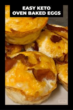 three mini pizzas stacked on top of each other with text overlay that reads easy keto oven baked eggs