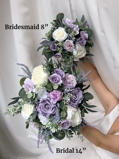 a bridal bouquet with purple and white flowers