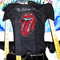 rolling stones tongue logo 2010 official woman M distressed tee - rolling stones mdse logo on back of neck inside/made in mexico/12% rayon-38% cott... Hot Rocks, Rolling Stones Tee, Distressed Tee, Rolling Stones, Brown Sugar, Rolls, ? Logo, Stone, How To Wear